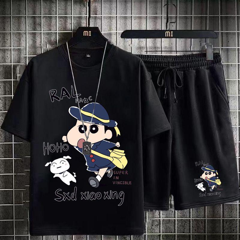 Product Introduction of Casual Sports Suit for Men Summer 2024 New Style Middle School Student Printed T-Shirt Men's Short Sleeve Shorts Trendy 1/2 Piece Fasciitis 17