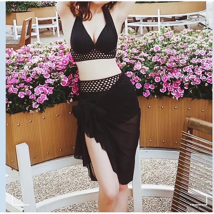 Set bikini 3 món Đồ bơi đi biển hai mảnh đen phối Viền lưới kèm khăn quấn BM-010-1