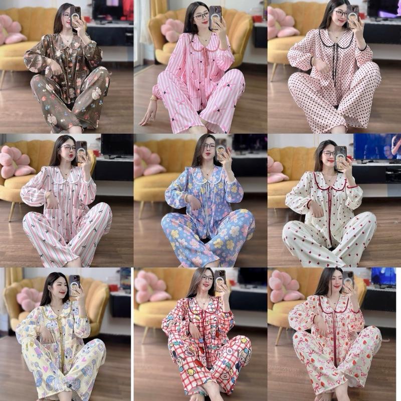 Bộ pijama cổ SEN DÀI tay bo phồng tiểu thư lụa mịn quần suông có túi Nữ, phom áo babydoll cổ sen gọn, 2 túi áo