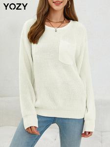 YOZY Women's Plain Pocket Drop Shoulder Sweater, Casual Long Sleeve Round Neck Jumper for Fall & Winter, Fashion Ladies' Knitwear for Daily Wear