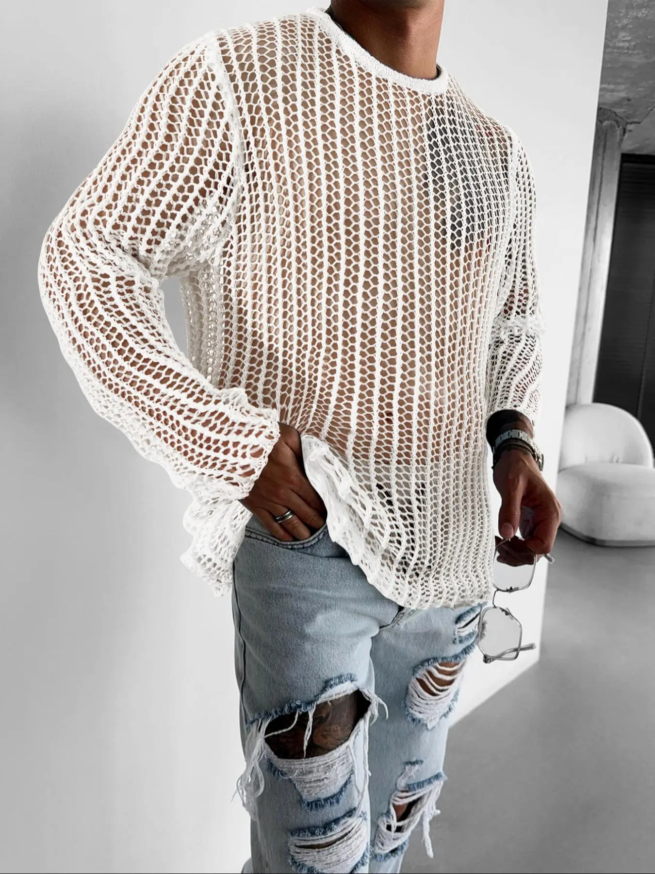Unisex's Solid Color Hollow Out Crop Crochet Sweater, Casual Long Sleeve Boat Neck Knitwear for Fall & Winter, Fashion Men's Knit Clothing for Daily Wear, Tops