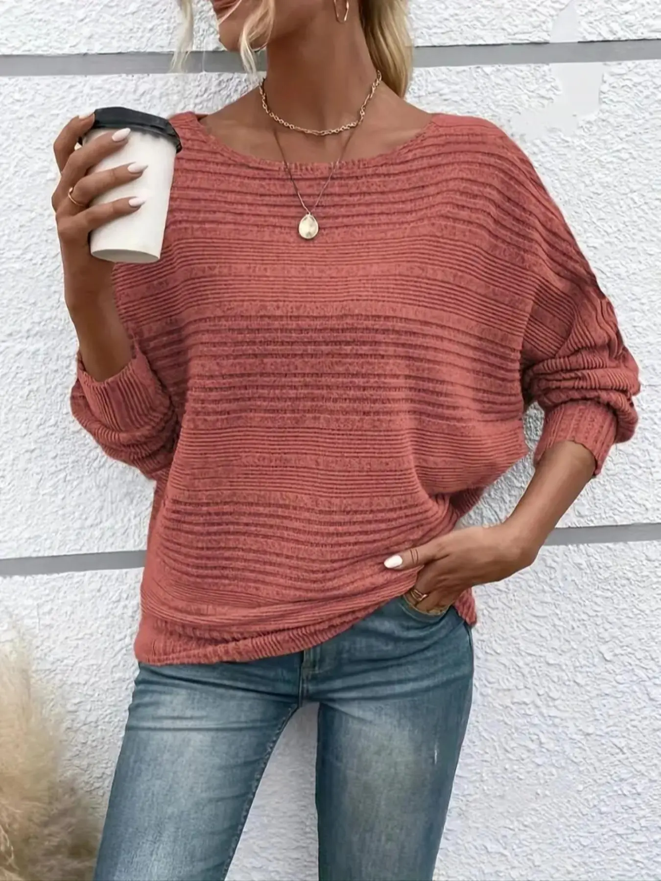 Women's Plain Round Neck Batwing Sleeve Tee, Casual Chic Long Sleeve Crew Neck T-shirt for Fall & Winter, Fashion Autumn Ladies' Knit Clothing for Daily Wear