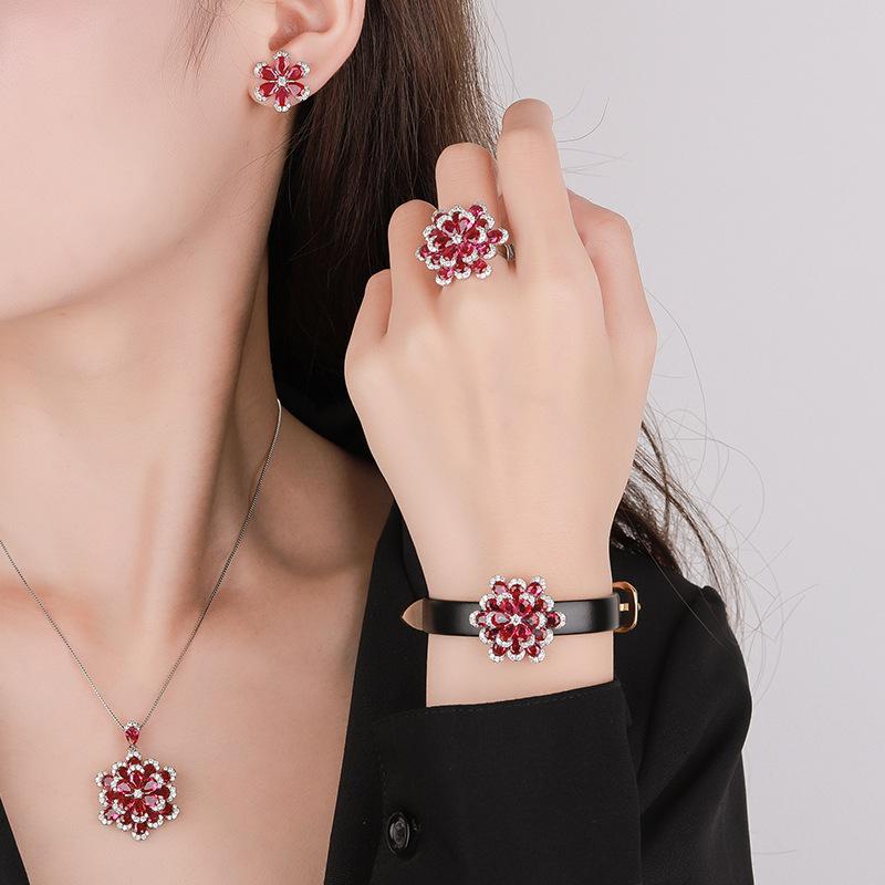 Product Introduction of TopKiss Luxury Artisanal Set: Gemstone Copper Base with Gold Plating, Imitation Red Corundum, Everlasting Flowers, Exquisite Jewellery for Women 11