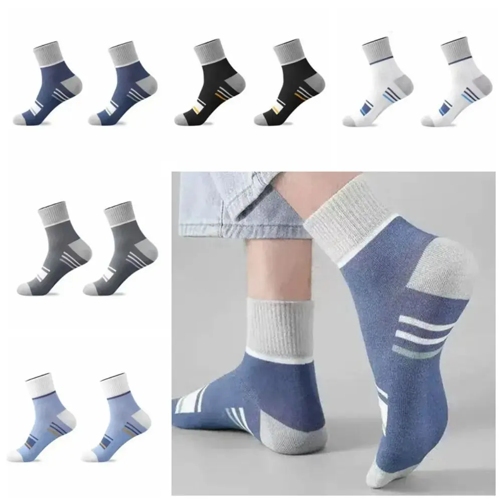 Practical Polyester Cotton Men's Pure Cotton Socks Non Slip Mid Calf Spring Striped Casual Socks Breathable Anti-odor Mid Calf Sports Sock Outdoor