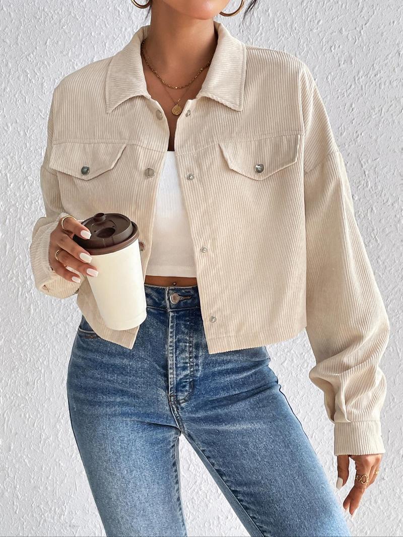 Product Introduction of [2025]Women's Plain Button Front Collared Long Sleeve Jacket, Y2k Clothes, Casual Drop Shoulder Pocket Corduroy Jacket, Shacket Coat for Fall & Winter, Jacket for Women Back To School, Holiday Outfits, Coats for Women, School Essentials 1