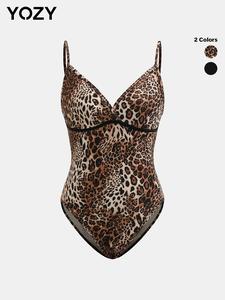 YOZY Women's Leopard Print / Plain Cami Bodysuit, Casual Adjustable Strap Backless Bodysuit for Daily Wear, Ladies Clothes for All Seasons