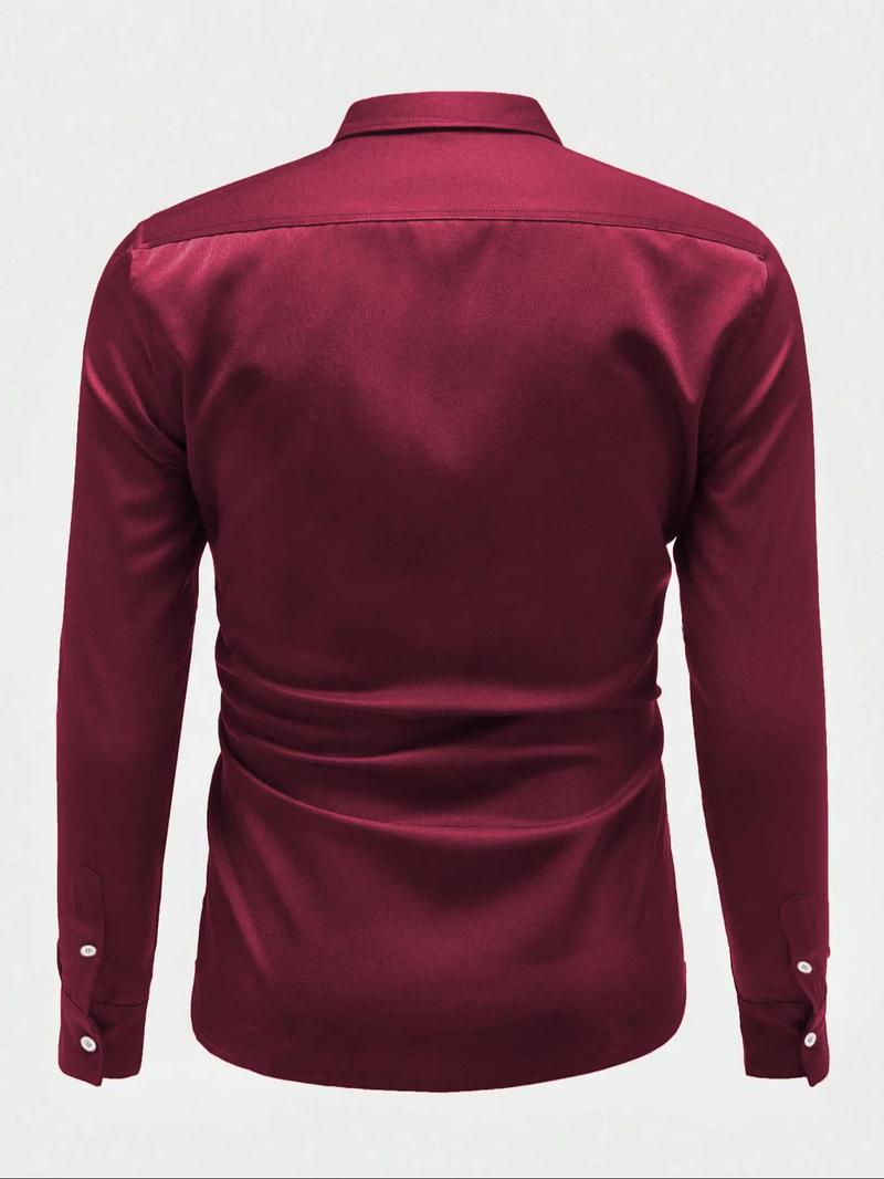 Product Introduction of Men's Solid Button Front Shirt, Men's All-season Style Fashion Versatility Basic Slim Satin Luxury Long-sleeved Shirt, Men's Leisure Top for Spring & Fall 4