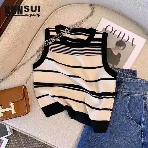 French Sweet Hot Girl Striped Sleeveless Ice Silk Sweater Women's Summer New Short Casual Top for Women