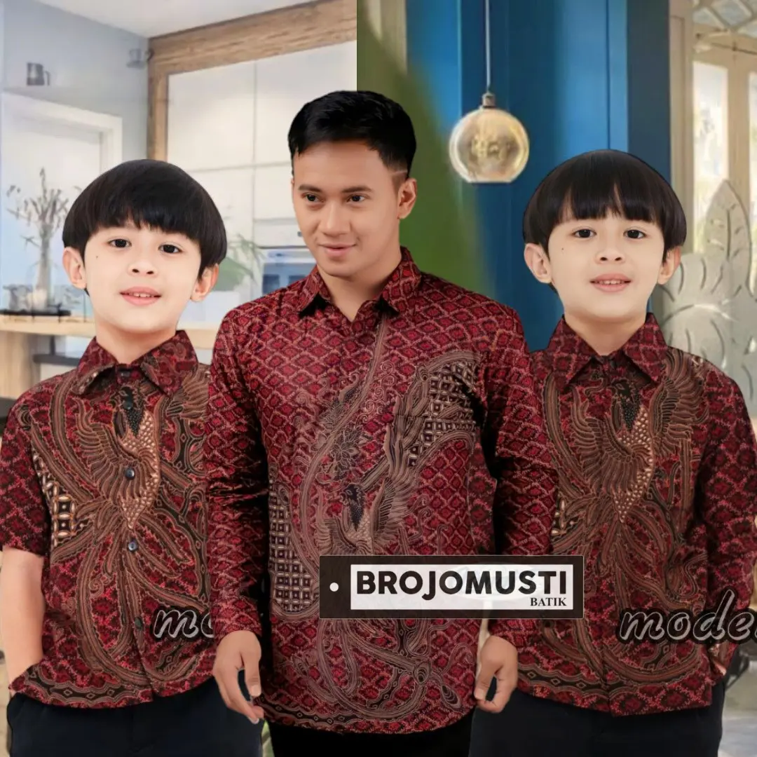 BAJU BATIK PRIA AYAH DAN ANAK LAKI-LAKI MOTIF PHOENIX MERAH KAIN KATUN Couple Dewasa Keluarga Panjang