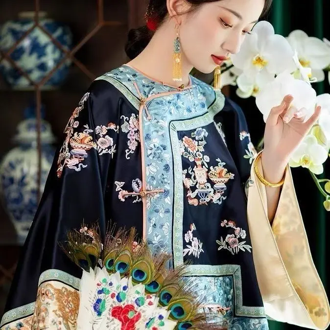 Áo Nữ, Yjuang Thanh Lịch, Hàng Mới Về Mùa Thu, Được Làm Bằng Vải Satin, Công Nghiệp Nặng, In Thêu Toàn Bộ Giả, Cổ Bẻ Áo Pipa, Phục Hồi Phong Cách Thanh Han 1