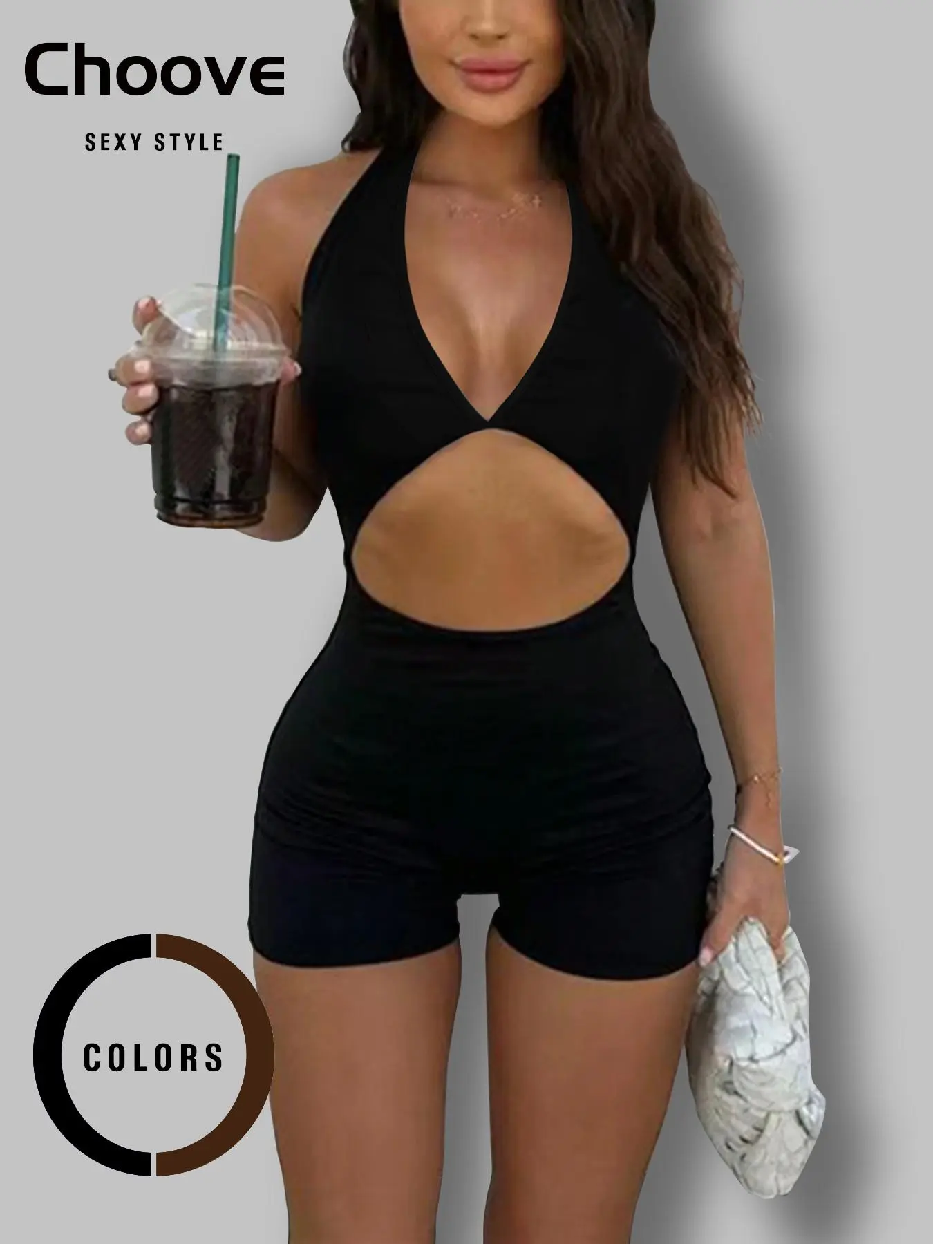 Women's Solid Cut Out Backless Halter Romper, Casual Sleeveless Skinny Romper for Summer, Fashion Women's Clothes for Daily Wear, Summer Clothes, Overalls