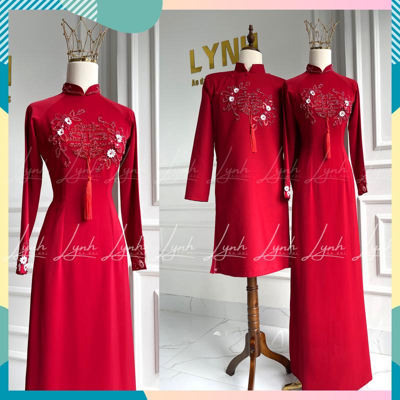 Áo dài cặp đỏ hỉ đính kết ngọc hỉ và hoa nhí dành cho cô đâu chú rể Nữ Áo Cưới Váy Cưới Women Dress Voan Bo Chun Chuông