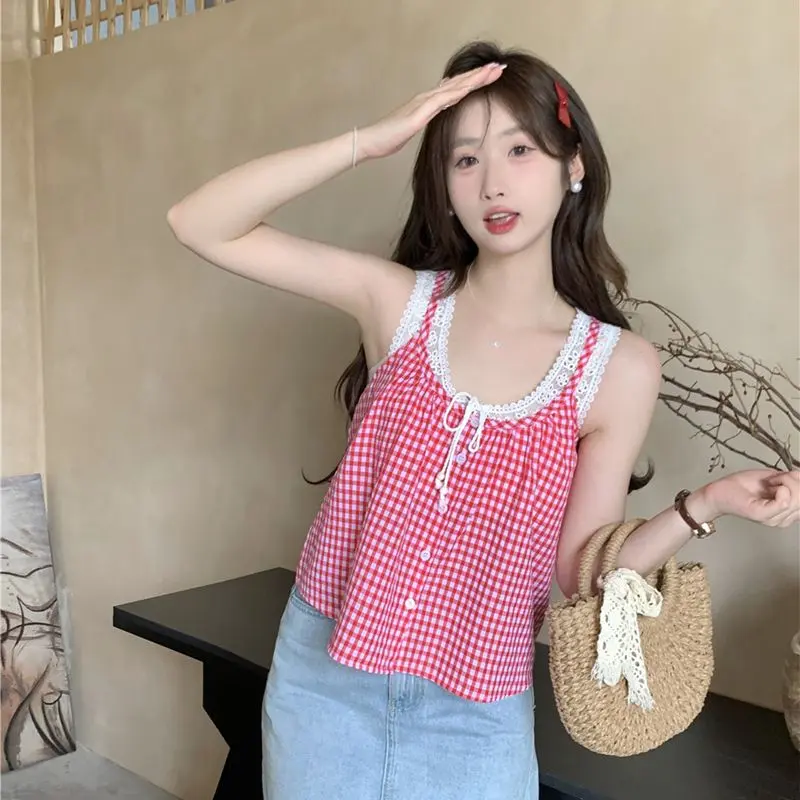 Áo Yếm Kẻ Sọc, Nhỏ Và Dễ Phối Đồ, Phong Cách Duyên Dáng, Khâu Ren, Không Tay, Áo Dáng Rộng, Hàng Mới Về Mùa Hè Cho Nữ 8