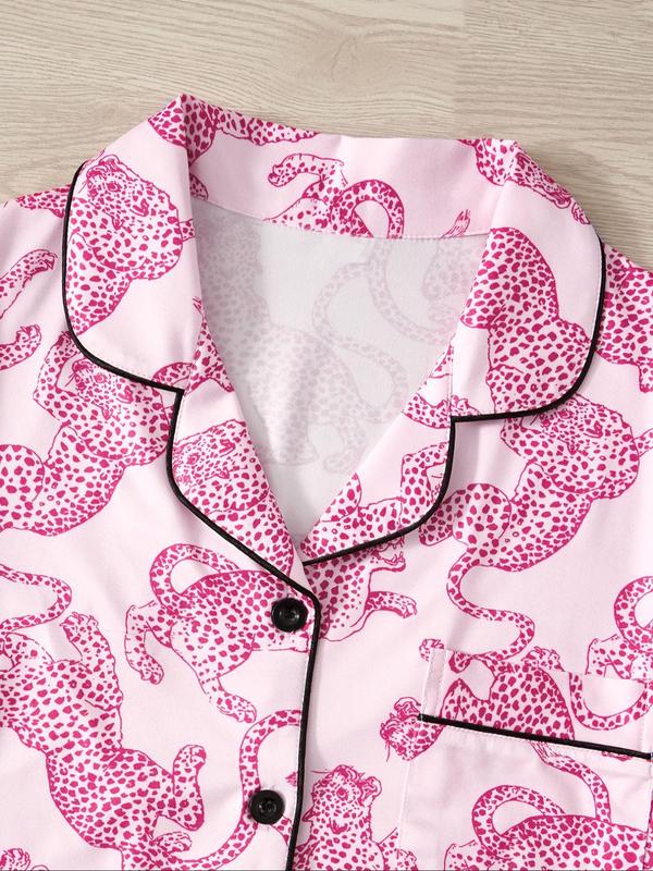 Women's Leopard Print Short Sleeve Pajama Three-piece Set, Elegant Casual Comfy Button Front Chest Pocket Design Lapel Neck Top & Elastic Waist Shorts & Eye Mask PJ Set, Ladies Sleepwear for All Seasons 2