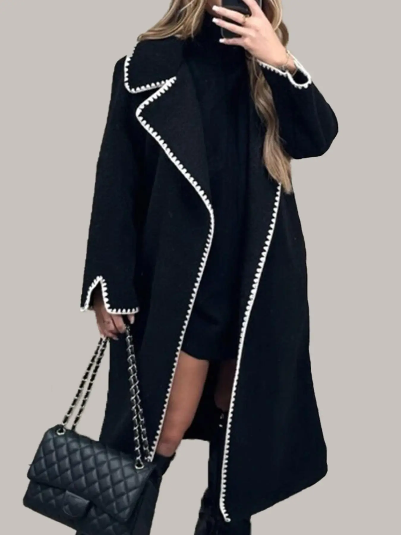 Women's Contrast Binding Design Long Overcoat, Casual Solid Color Double-sided Woolen Long Sleeve Coat, Women's Fall & Winter Clothing