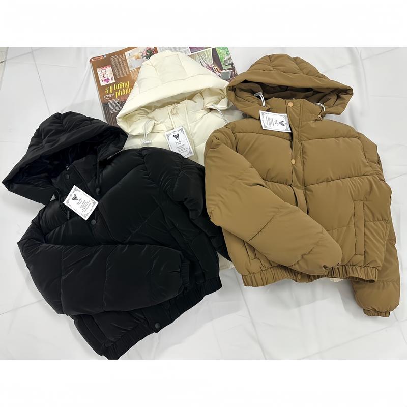 Áo phao croptop nữ chất nhung lì bo chun, Mũ tháo rời. có túi khóa cổ cao hot hit thời trang nữ thu đông 2024