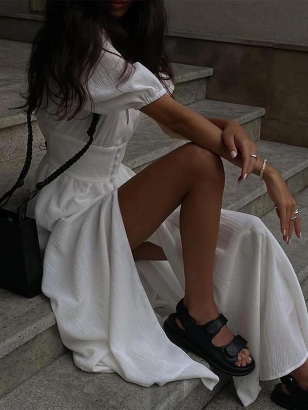 Women's Plain Fake Buttons Split Thigh A Line Dress, Elegant Puff Sleeve Deep V Neck Long Dress for Party Holiday Wedding Guest, Ladies Summer Clothes 2