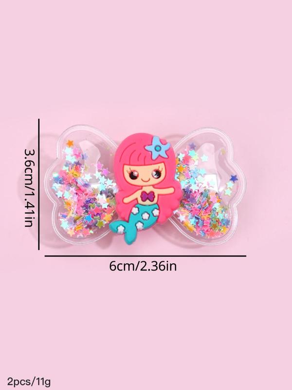 2pcs Cute Cartoon Mermaid Princess Design Hair Clip, Cute Bowknot Decor Hair Accessories For Girls, Quicksand Sequin Design Headwear 1