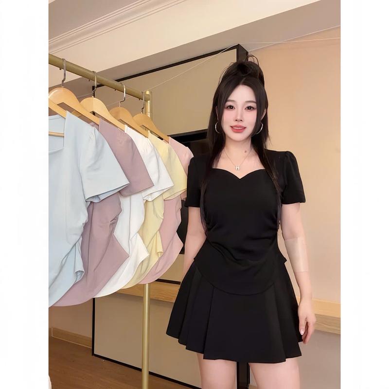 Áo thun tăm QC  tay ngắn thiết kế đẹp cổ xẻ trái tim nhún eo màu trơn thanh lịch cho nữ [TN443]