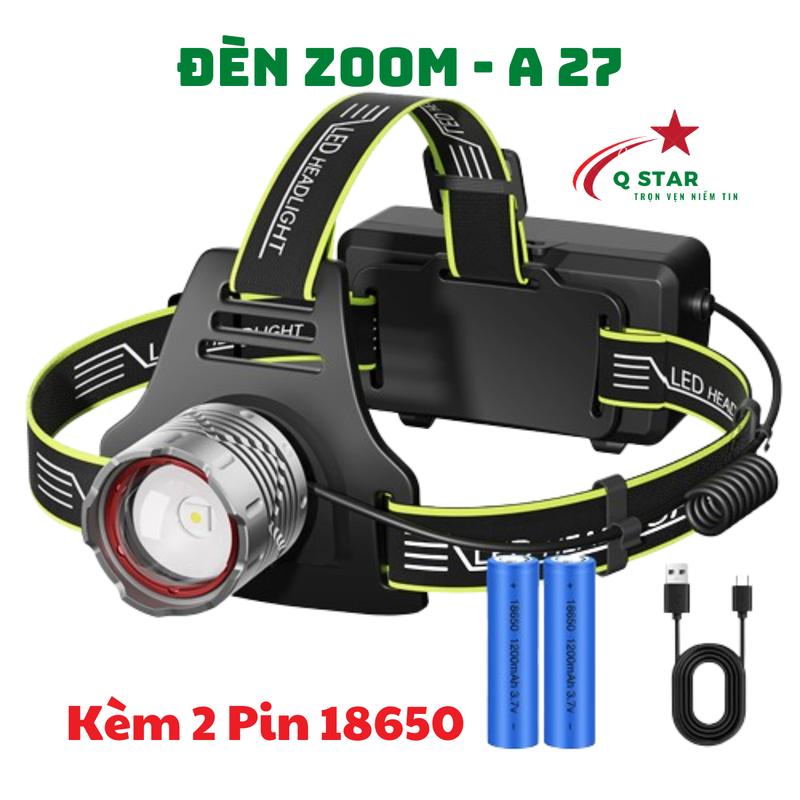 Đèn Pin Đội Đầu Zoom Xa Gần A27 Trang Bị Led Laser 20W Kèm 2 Pin 18650 Tích Hợp Sạc Type-C Có Màn Báo Pin