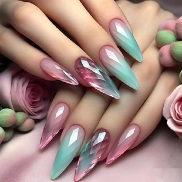 Product Introduction of Mid-Length Ballet Nail Ice Transparent Pink Creamy Green Color Matching Nail Sticker Wear Nail Wholesale Finished Product 24 Pieces Nails 9