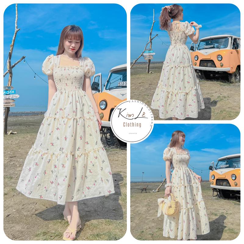 [DƯỚI 55KG] Đầm Hoa Mocking Màu VÀNG KEM Tay Phồng Dáng Dài Nhẹ Nhàng Nàng Thơ ( có lót) Chất : Xốp Hoa Nữ  Women