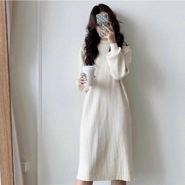 váy len suông dài tay bo tay,đầm suông nữ len gân dáng dài thu đông 3 màu ấp áp 4