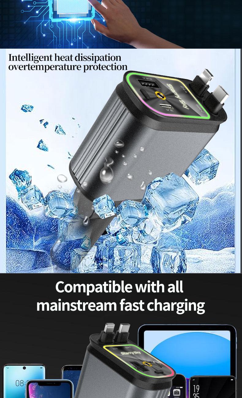 Product Introduction of The new car charger 120W retractable 4-in-1 super fast charging car comes with RGB atmosphere starry top universal 9