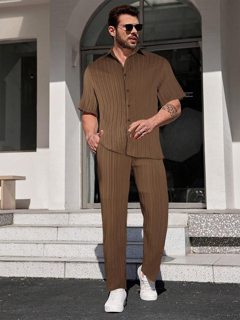 Product Introduction of Two-piece Set Men's Solid Textured Button Front Shirt & Drawstring Waist Pants, Loose Casual Short Sleeve Collared Top & Pocket Trousers for Beach Vacation, Men's Two-piece Outfits for All Seasons 15