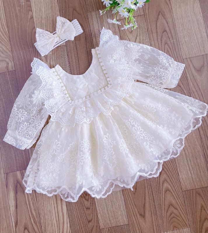 Váy công chúa bé gái ren cao cấp tặng kèm tuban 7kg đến 17kg màu trắng đầm  đầy  tháng  bé  gái  sơ  sinh