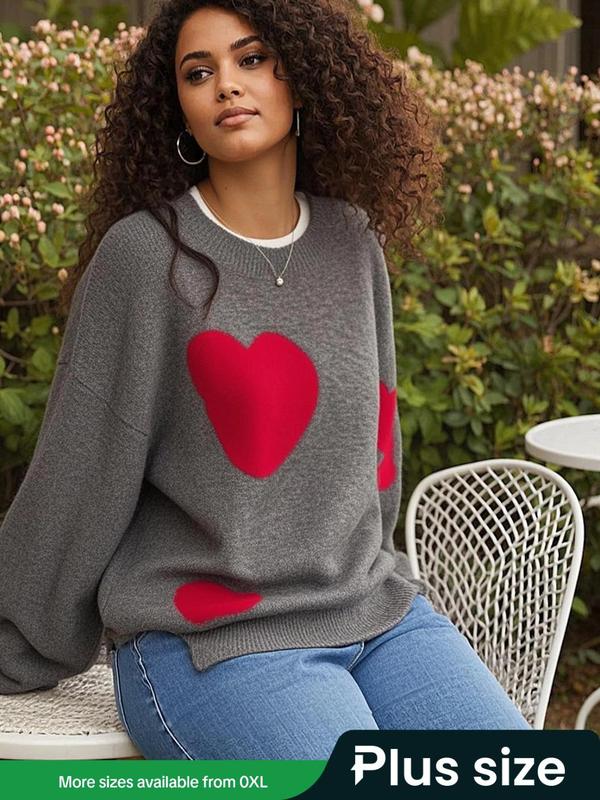 【Plus Size】 Colorblock Heart Pattern Crew Neck Sweater, Casual Chic Long Sleeve Pullover Jumper for Daily Outdoor Wear, Women Plus Clothing for Fall & Winter 0