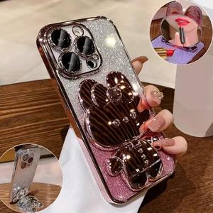 メイクアップミラー付きグリッタースマホケース、かわいいウサギデザインのスマホホルダー、iPhone 11/12/13/14/15 16Pro Max用耐衝撃スリムなスマホ保護カバー