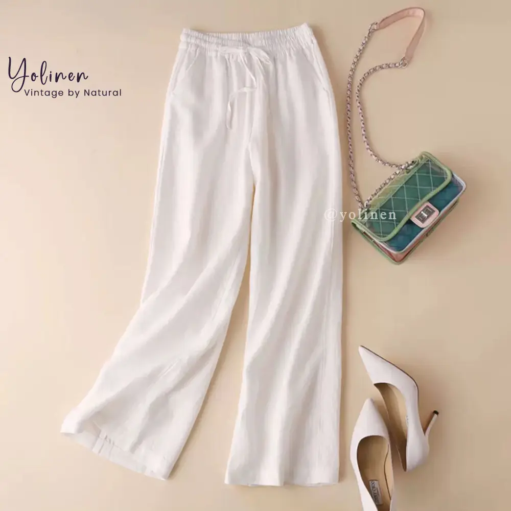 Quần ống suông lưng thun Yolinen cạp cao cột dây vải linen mộc dày dặn mềm mát QD004