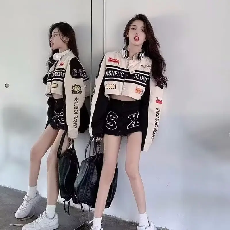 American Vintage Biker Uniform Women's Street Detachable Print Racing Baseball Jersey Jacket Set Casual Fashion Clothing