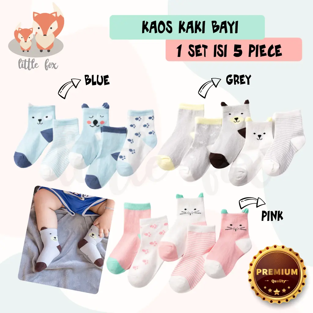 Kaos Kaki Baby / Newborn Set Isi 5 in 1 Pasang Motif Lucu Katun 100%