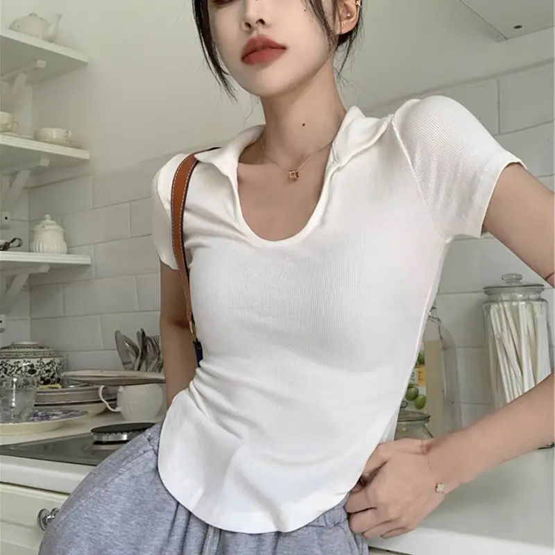 【Premium】U-Neck Short Sleeve Stretchy Basic Collar Top 7107 (S/M/L) 0