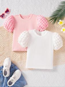 Girl's Solid Color Puff Sleeve Tee, Casual Short Sleeve Round Neck T-shirt for Summer, Kids Clothes for Daily Wear