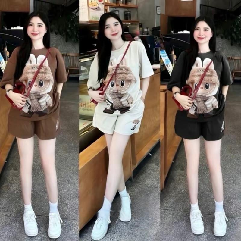 set bộ nữ áo cộc tay in hình Gấu Labubu bản to mix quần sooc chata cotton su Mỏng nhẹ  Top  Women Labubu