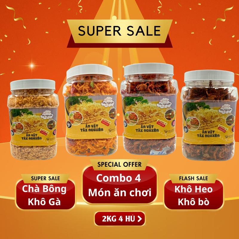 Combo Ăn Vặt 2kg [Chà Bông Heo Không Bột,Khô Heo, Khô Gà, Khô Bò - 4 Hủ 500Gram] - Ăn Vặt Tây Nguyên [Snack]
