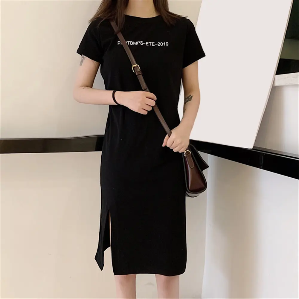 Hot Sale Women's Split Dress Short-sleeved Casual Loose Summer Mid-length T-shirt Over-the-knee Base Small Black Long Skirt Round Neck Womenswear