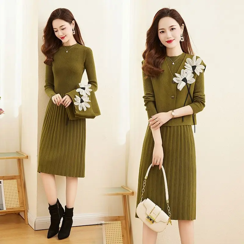 Váy Dệt Kim, Bộ Đồ Hai Mảnh Cho Nữ, Phong Cách Thu Đông, Dài Trung Bình Dáng Ôm, Thời Trang Thanh Lịch, Váy Phù Hợp, Hàng Mới Về 2024 Áo Top Women Voi