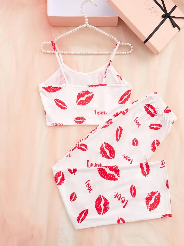 Women's All Over Lip Print Crop Cami Top & Pants Two-Piece Set, Casual Comfy Two-Piece Set for Home Wear, Summer Clothing Set for Women 1