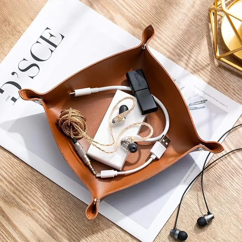 Leather Tray Foldable Table Catchall Storage Box Key Coin Desk Top Organizer Entryway Nightstand Home Office Decoration