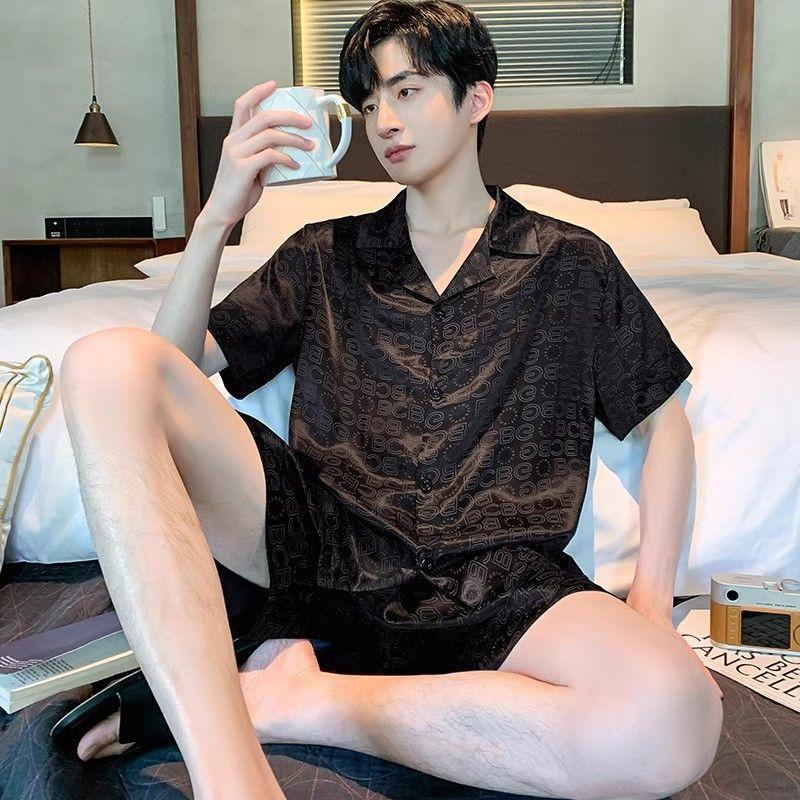 Bộ Đồ Ngủ Lụa Lạnh Dành Cho Nam Giới, Mỏng Mùa Hè, Quần Đùi Ngắn Tay, Lụa Nhân Tạo Cao Cấp, Ngoại Cỡ, Thích Hợp Mặc Nhà Mùa Hè, Bộ Đồ Áo Menswear Nhung 2
