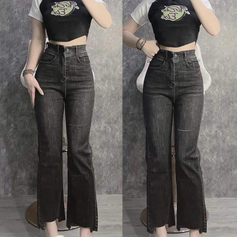 [Bigsize 58-95kg] Quần  Jean Nữ Ống Suông Bigsize Xám  Rách Gối - Rách Gấu  Lưng Siêu Cao Co Giãn Mạnh Pants Women Ong Đen