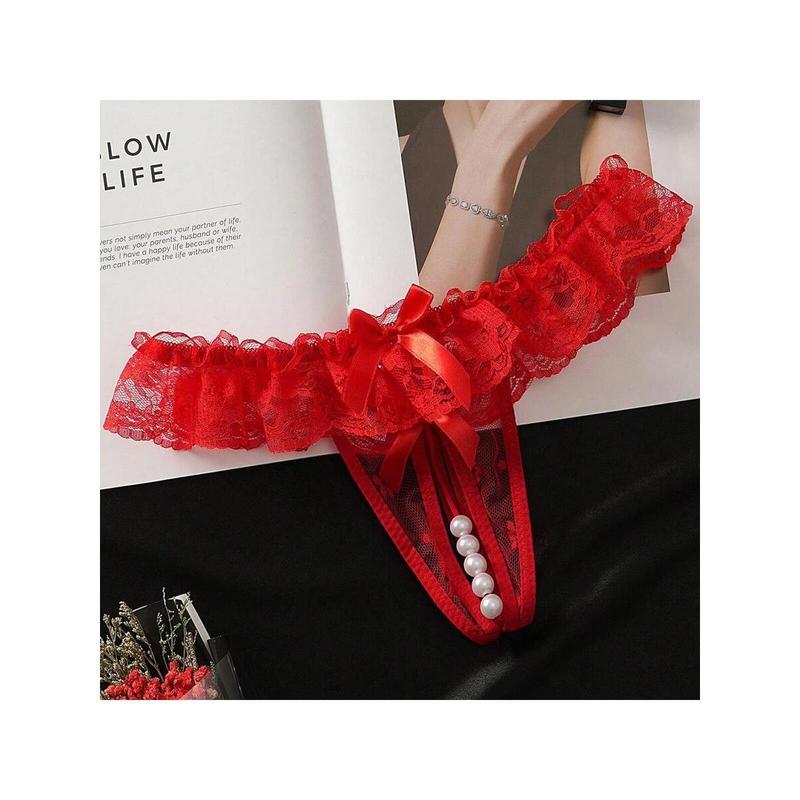 1pc Sexy Lace Crotchless Thong With Massage Pearl Detail 2
