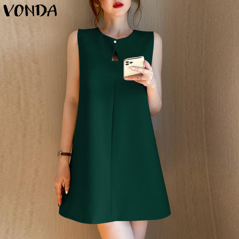Váy Ngắn Chữ A, VONDA, Dành Cho Nữ, Màu Trơn Không Tay, Thiết Kế Cắt Xẻ Thanh Lịch, Thích Hợp Mặc Công Sở, Cổ Thuyền Đầm Xòe 2