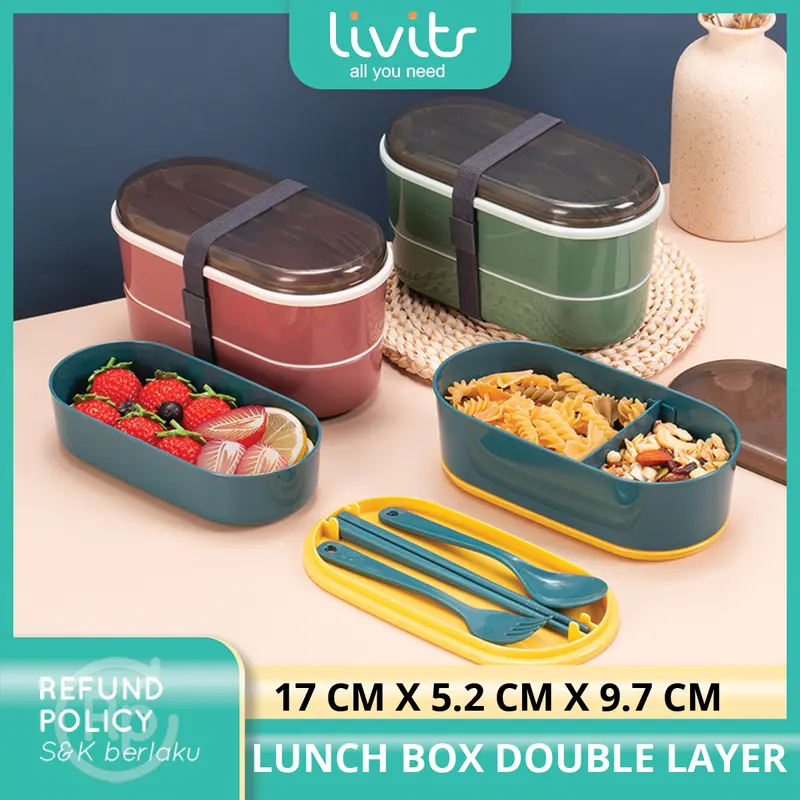 Lunch Box Kotak Makan 700ML 2 Layers I Bento Box Free Sendok I BPA Free Blue Kitchenware  Garpu  Pink Tali 0