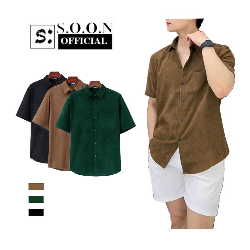 Áo Sơ Mi Cộc Tay Soonvn Chất Liệu Nhung Tăm, Thiết Kế Trẻ Trung Năng Động CT22 Menswear Nam
