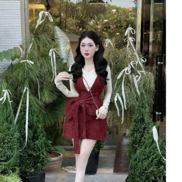 [ Xả Kho ] Sét bộ váy yếm dạ đỏ mix nơ kèm áo thun dài tay rời Tiểu thư